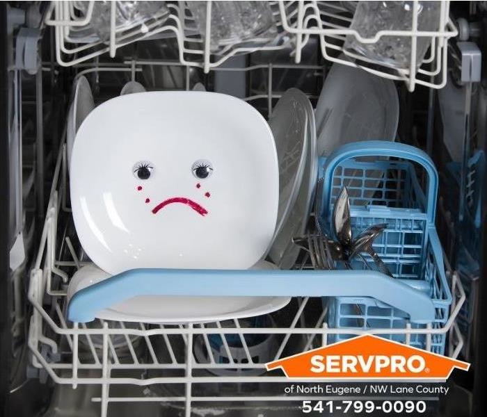 A dishwasher reveals a plate with a frowning face drawn on it.