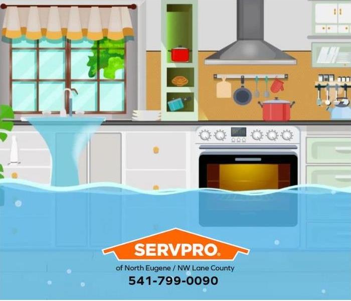 An overflowing sink is flooding a kitchen.